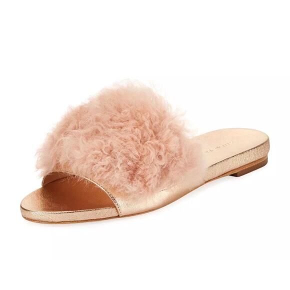 Loeffler Randall Domino Shearling Sheep Fur Flat Slide Sandal Pink/Rose Gold 9.5 - Picture 1 of 9